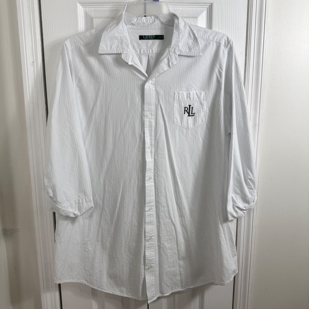 Lauren Ralph Lauren Sleepshirt XL White LRL Monogram Button Front Cotton Blend